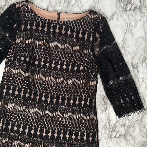 Eliza J | women’s size 6 shift dress black lace overlay with nude lining eyelash - Picture 3 of 12
